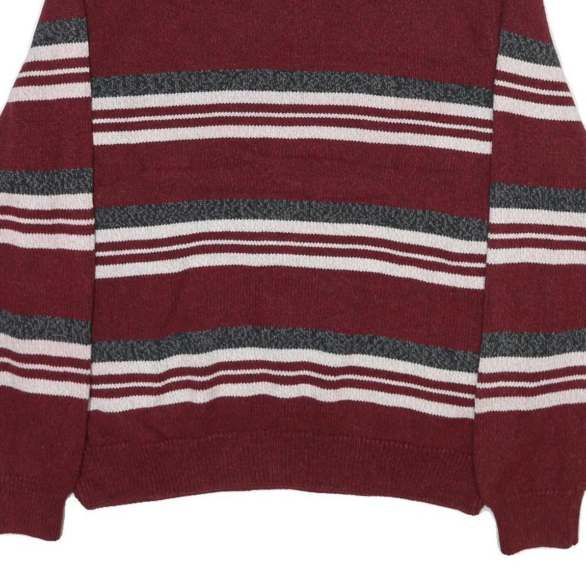 CHAPS Mens Maroon & Grey Striped Cotton Blend Patterned Jumper Half Zip Crew