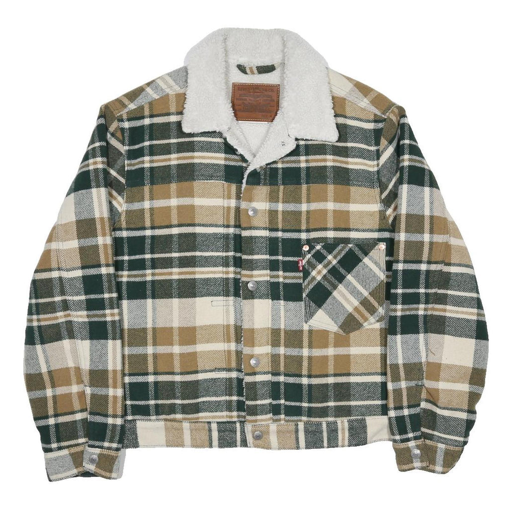 LEVI'S Type 1 Sherpa Trucker Mens Green & Beige Checked Jacket M Sherpa Collar