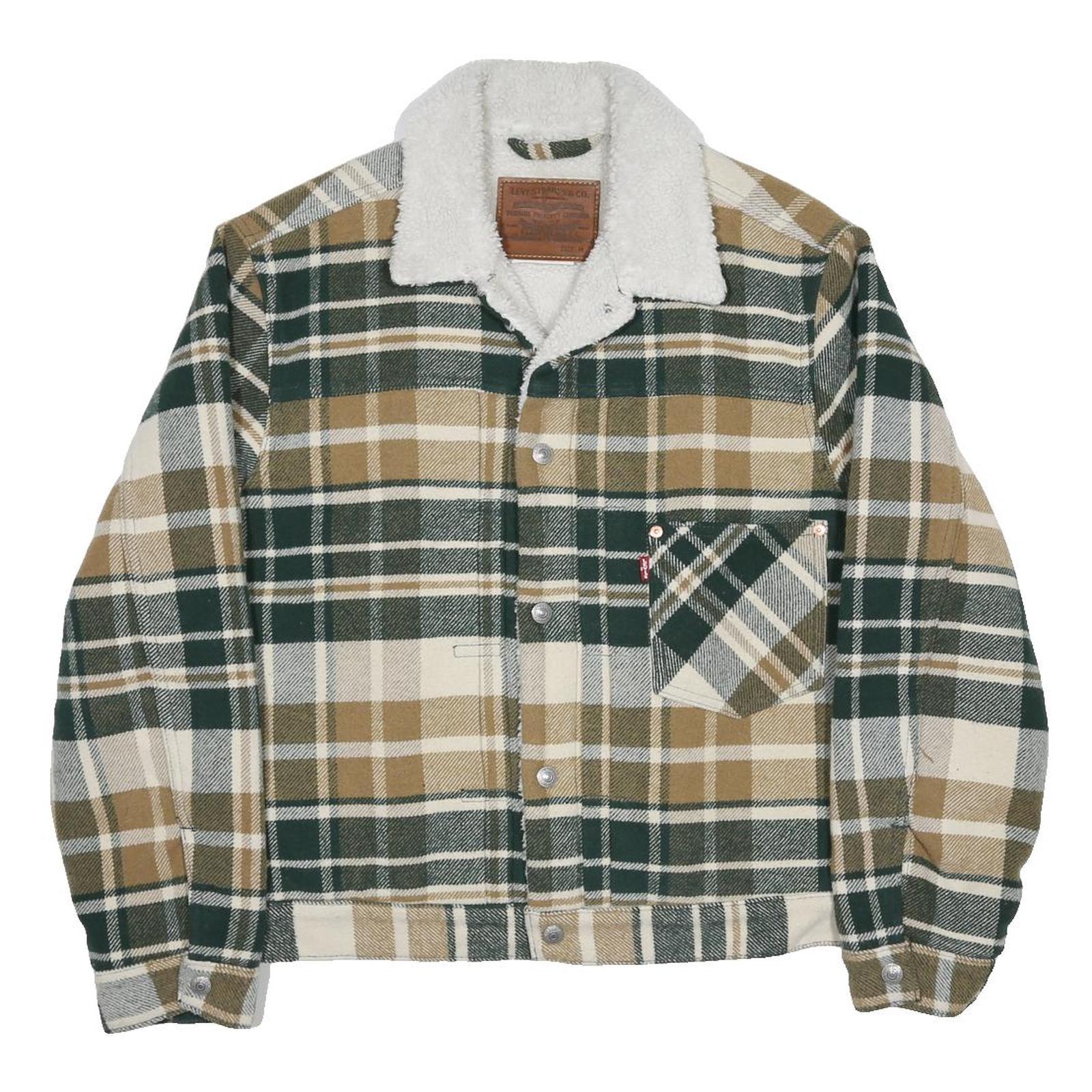 LEVI'S Type 1 Sherpa Trucker Mens Green & Beige Checked Jacket M Sherpa Collar