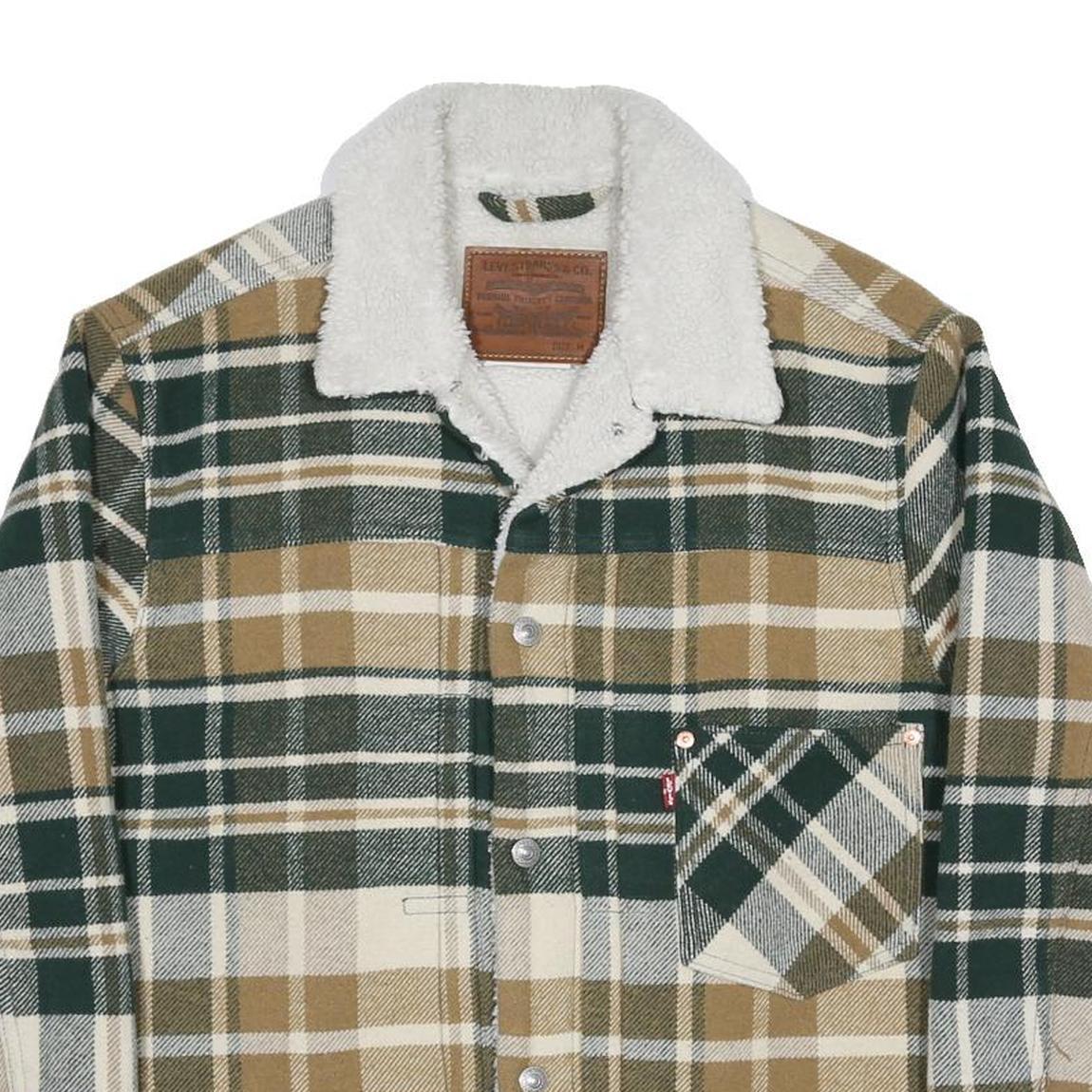 LEVI'S Type 1 Sherpa Trucker Mens Green & Beige Checked Jacket M Sherpa Collar