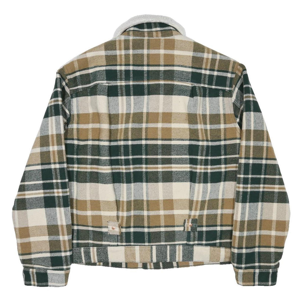 LEVI'S Type 1 Sherpa Trucker Mens Green & Beige Checked Jacket M Sherpa Collar