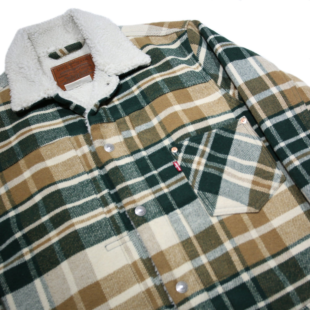 LEVI'S Type 1 Sherpa Trucker Mens Green & Beige Checked Jacket M Sherpa Collar