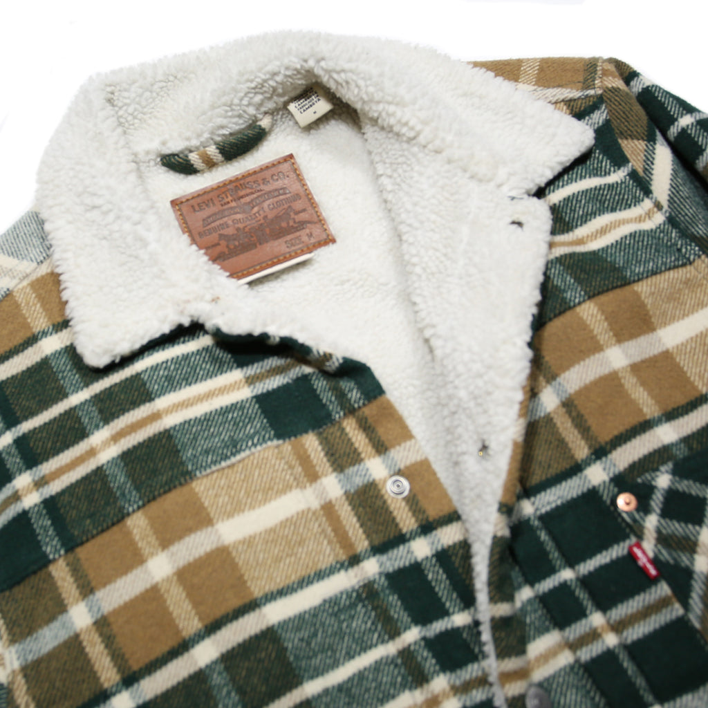LEVI'S Type 1 Sherpa Trucker Mens Green & Beige Checked Jacket M Sherpa Collar