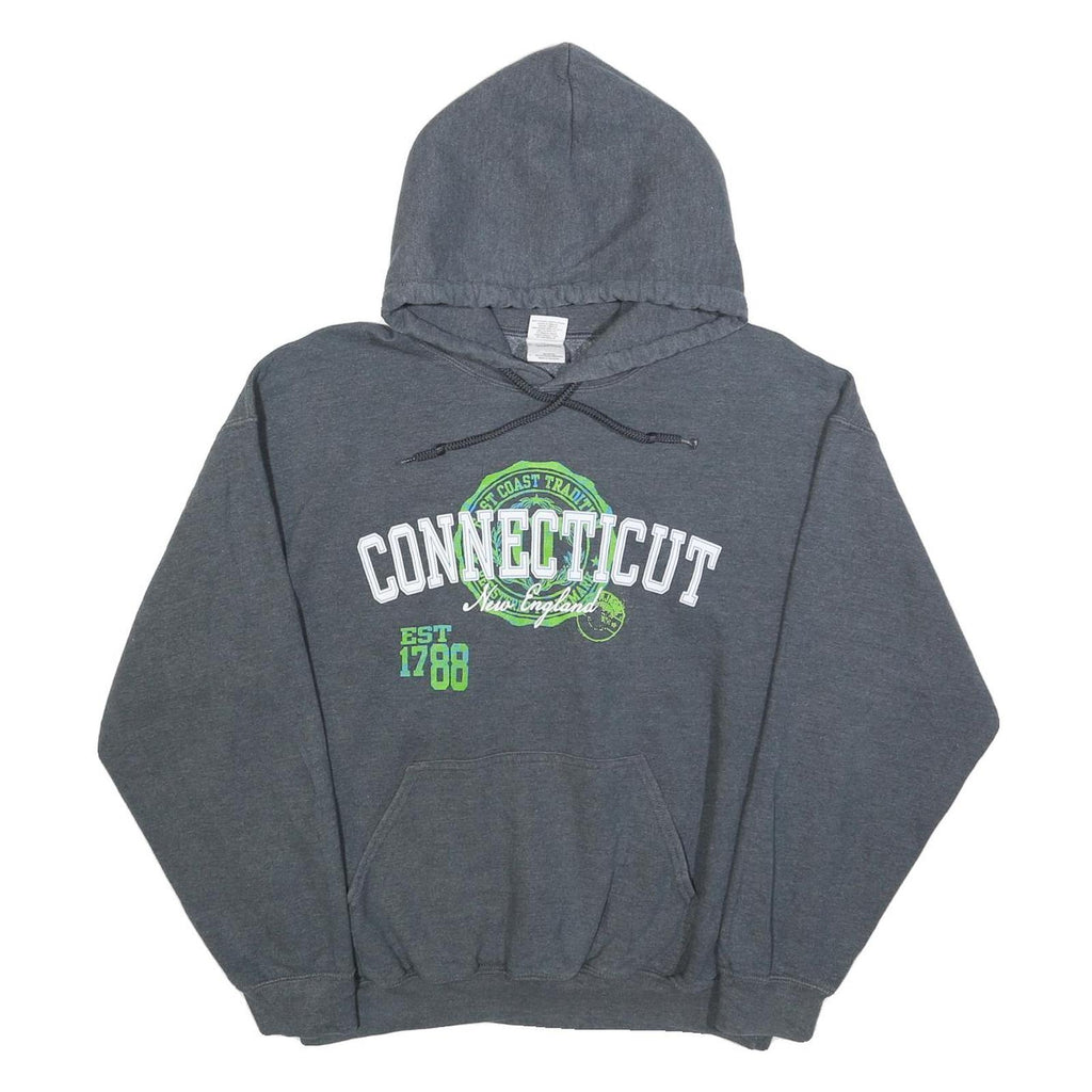 GILDAN Mens Grey Connecticut Print Pullover Hoodie L Casual Cotton Blend