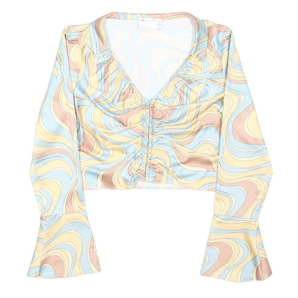 ASOS Womens Blue & Yellow Printed Long Sleeve V-Neck Cropped Top UK 12 Stylish
