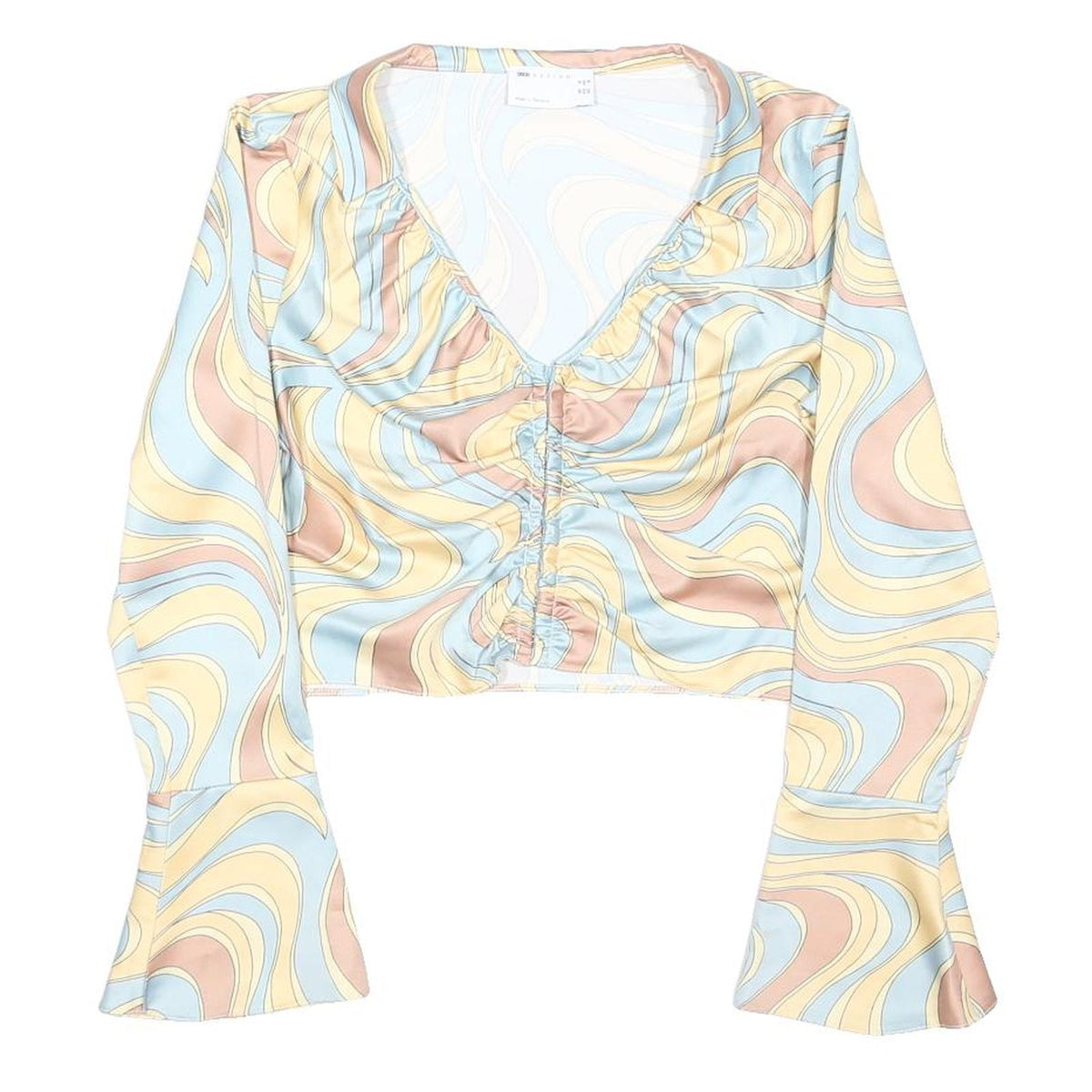 ASOS Womens Blue & Yellow Printed Long Sleeve V-Neck Cropped Top UK 12 Stylish
