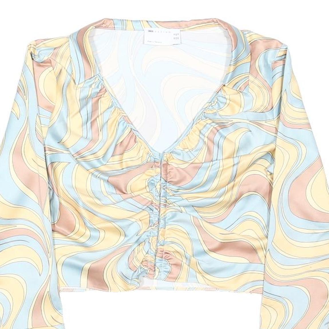 ASOS Womens Blue & Yellow Printed Long Sleeve V-Neck Cropped Top UK 12 Stylish
