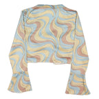 ASOS Womens Blue & Yellow Printed Long Sleeve V-Neck Cropped Top UK 12 Stylish