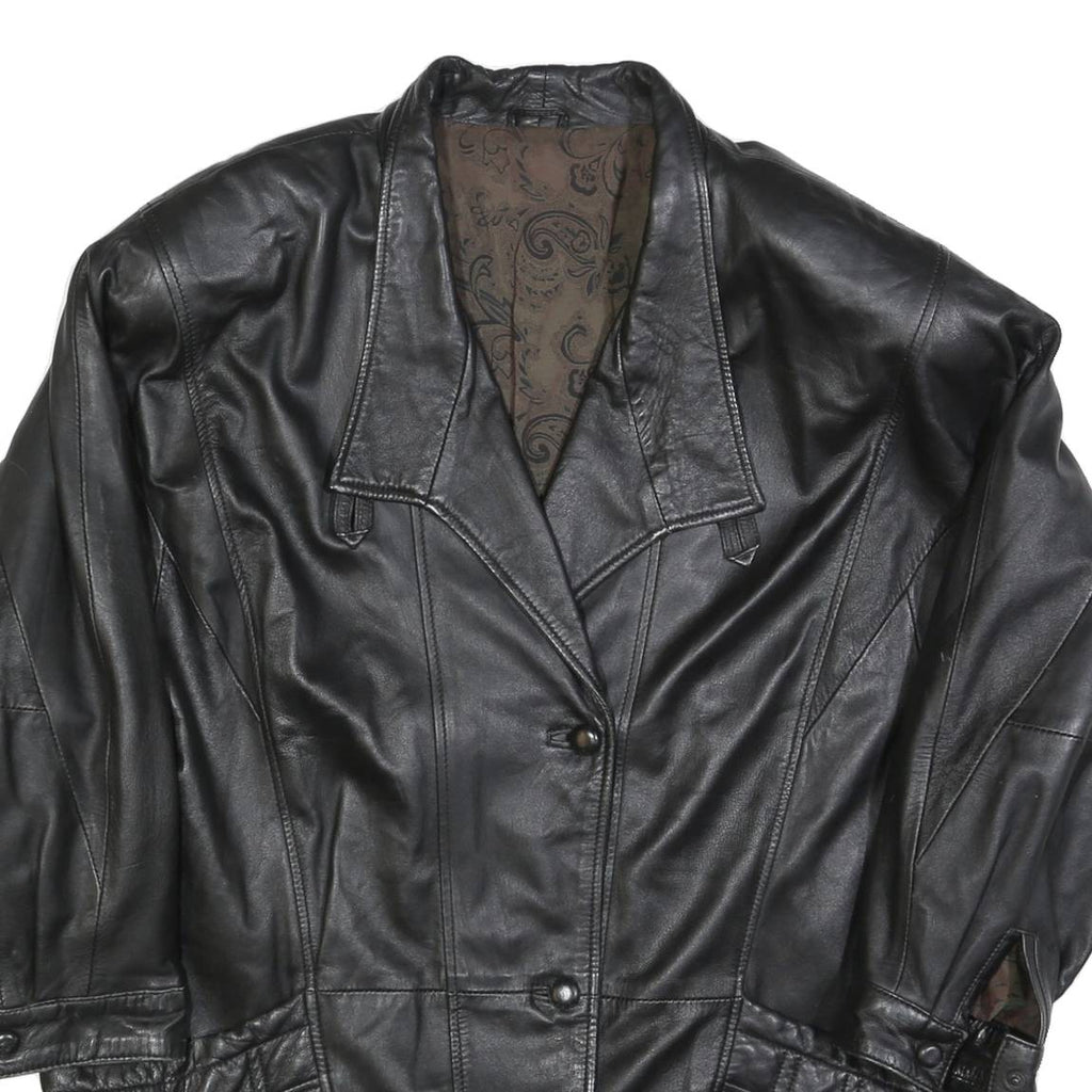 Womens Black Leather Classic Button Jacket L Plain Stylish Outerwear