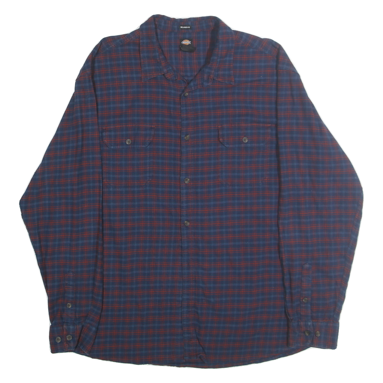 DICKIES Mens Blue & Maroon Check Shirt 2XL Cotton Long Sleeve Workwear Relaxed