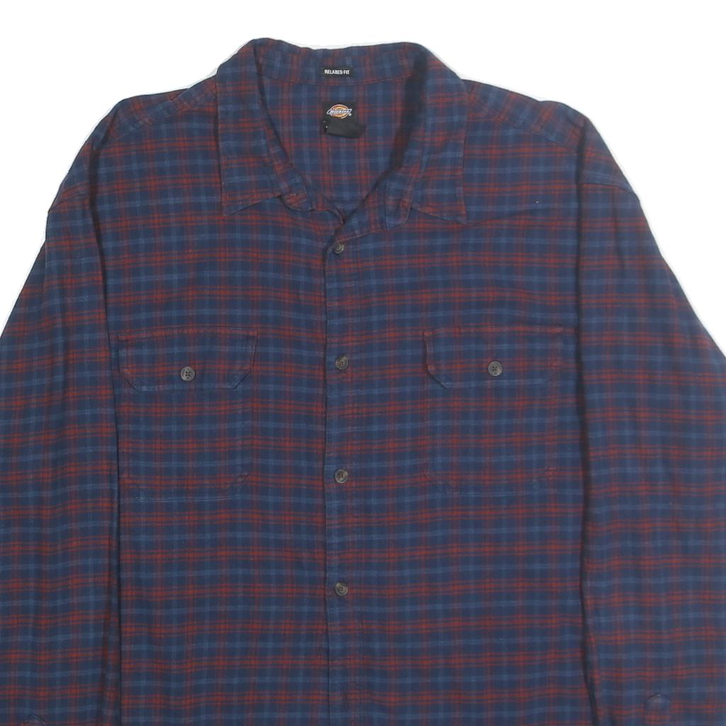 DICKIES Mens Blue & Maroon Check Shirt 2XL Cotton Long Sleeve Workwear Relaxed