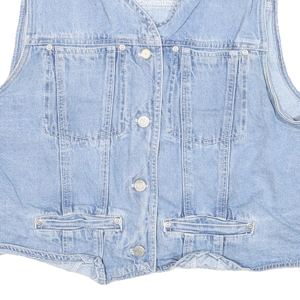 SOLUTIONS Womens Blue Denim Vest Jacket L Cotton Blend Button Closure Sleeveless
