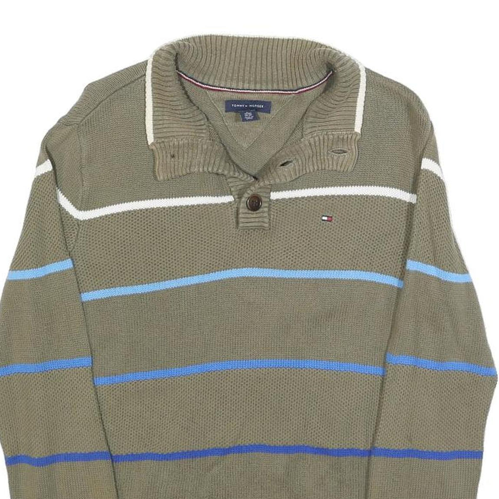 TOMMY HILFIGER Boys Beige & Blue Patterned Pullover V-Neck Basic Knit XL Cotton