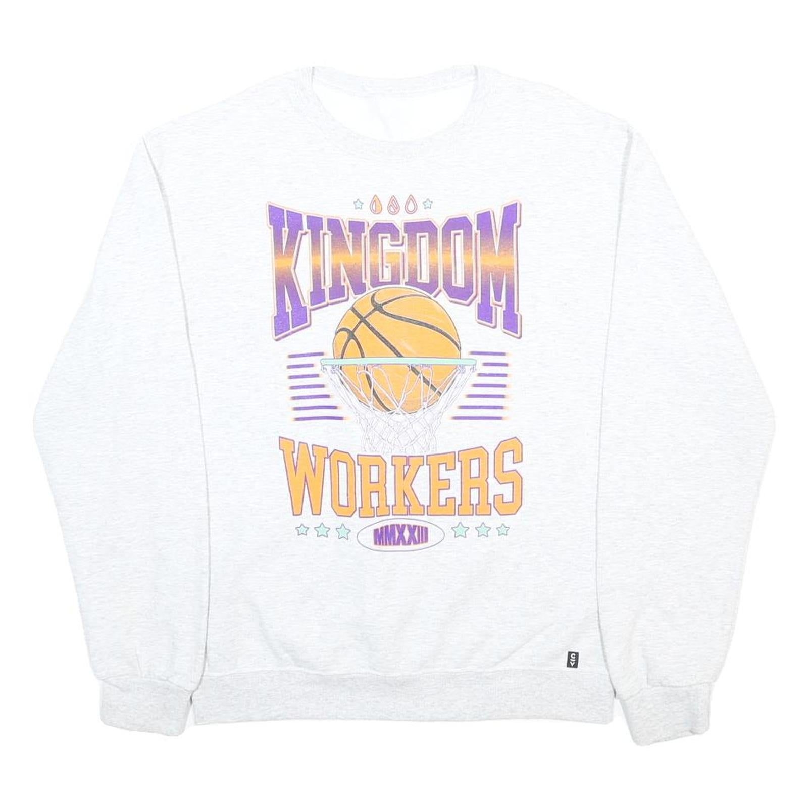 Mens White Sweatshirt Kingdom Workers Basketball Print Crew Neck S Cotton Blend