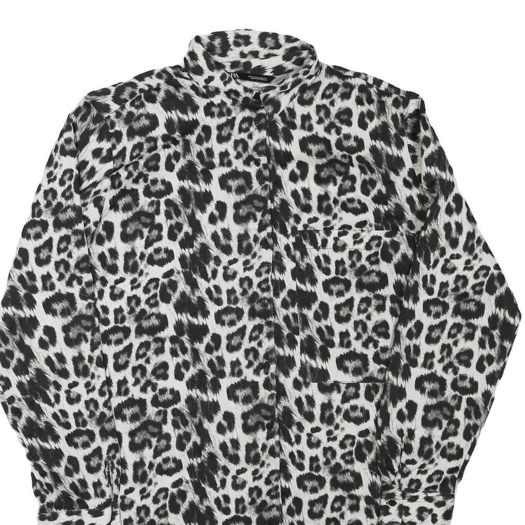 ZARA Womens Black White Leopard Print Shirt Long Sleeve Button Neck M Animal