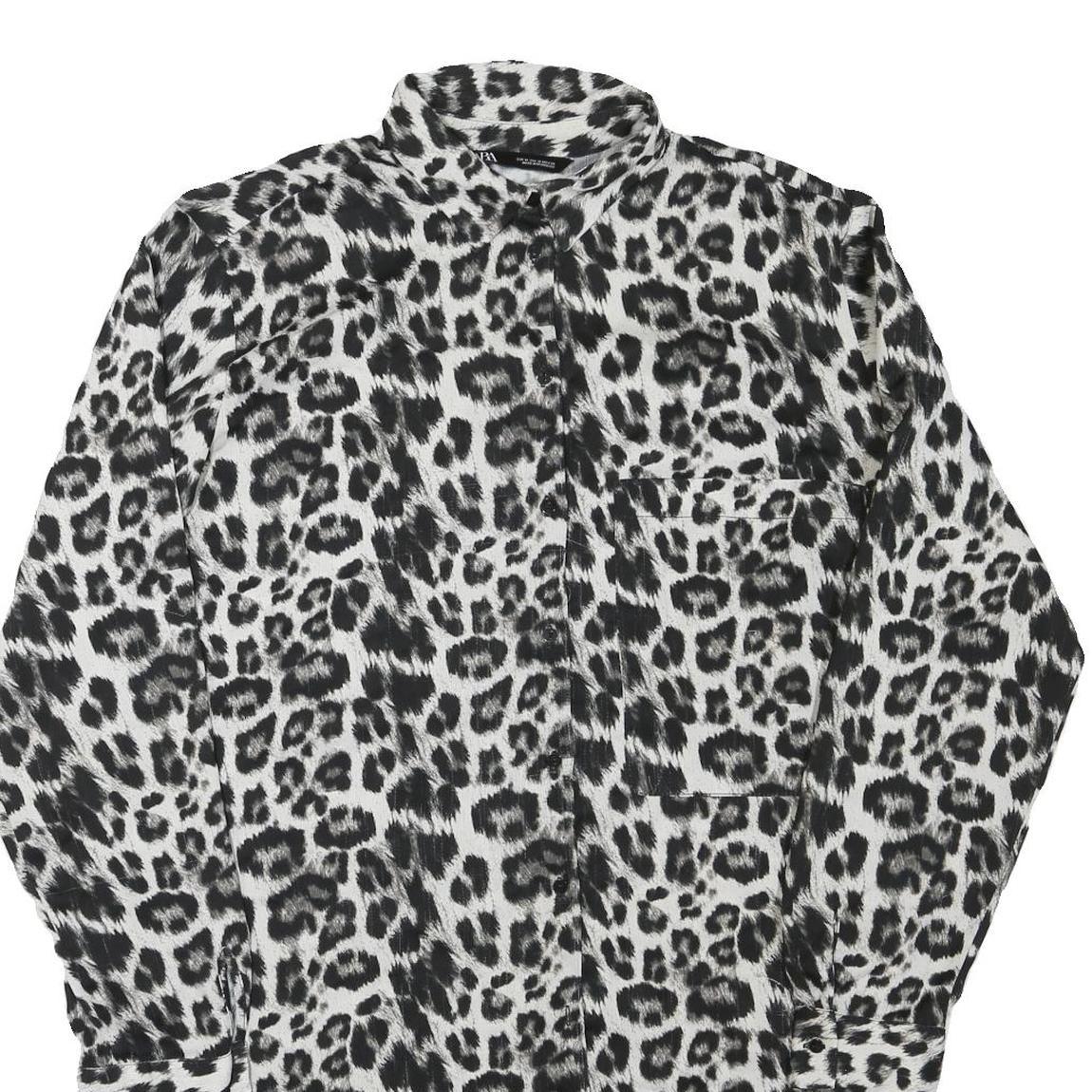 ZARA Womens Black White Leopard Print Shirt Long Sleeve Button Neck M Animal