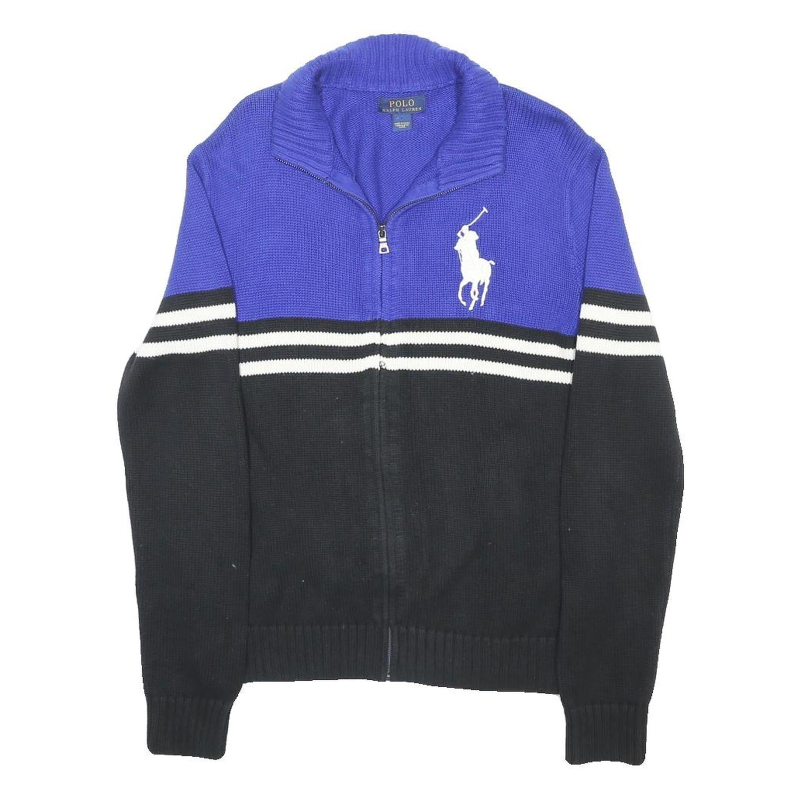 POLO RALPH LAUREN Mens Blue & Black Jumper Patterned Zip Crew Neck Cotton S