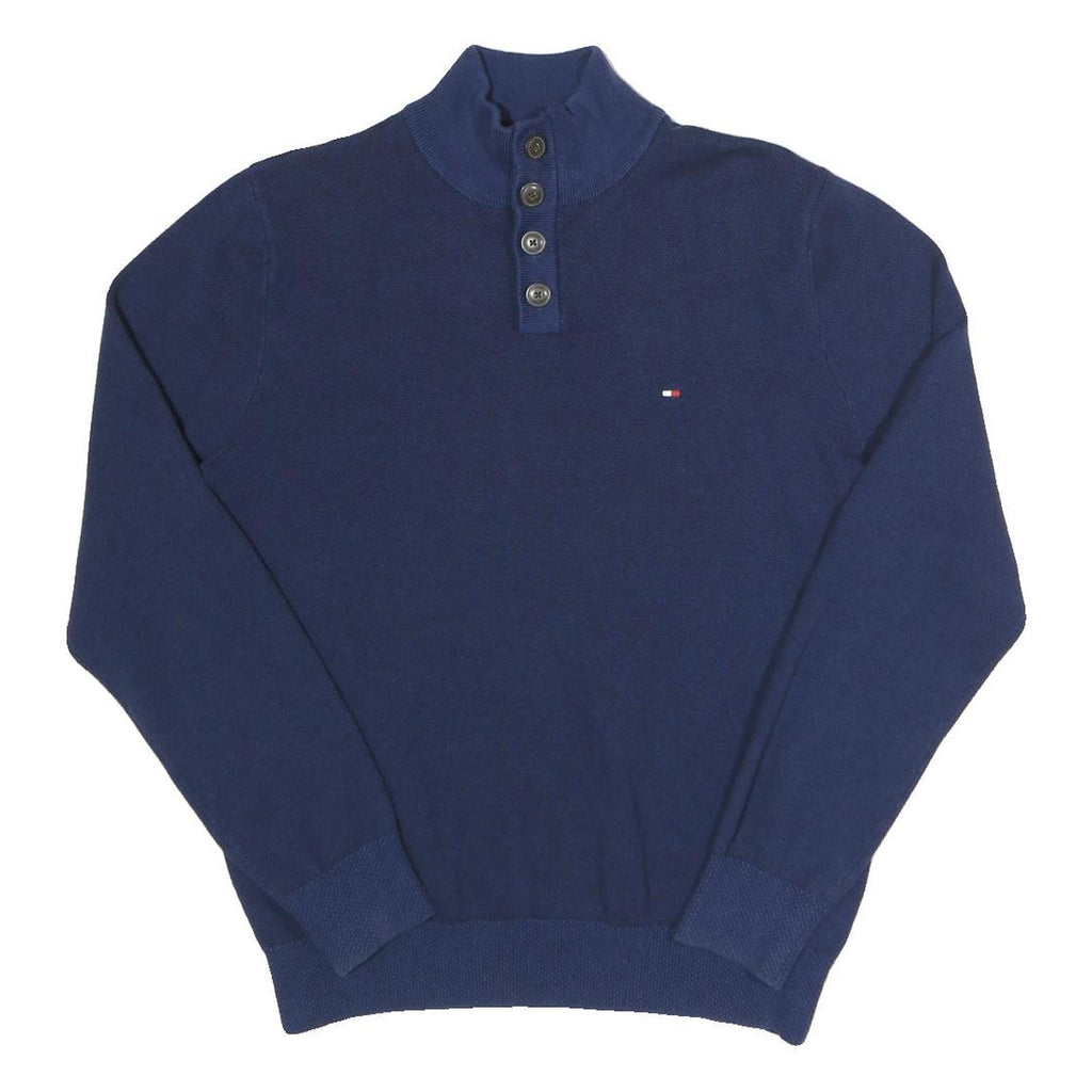 TOMMY HILFIGER Mens Blue Plain Cotton Jumper Crew Neck Regular M Button Up