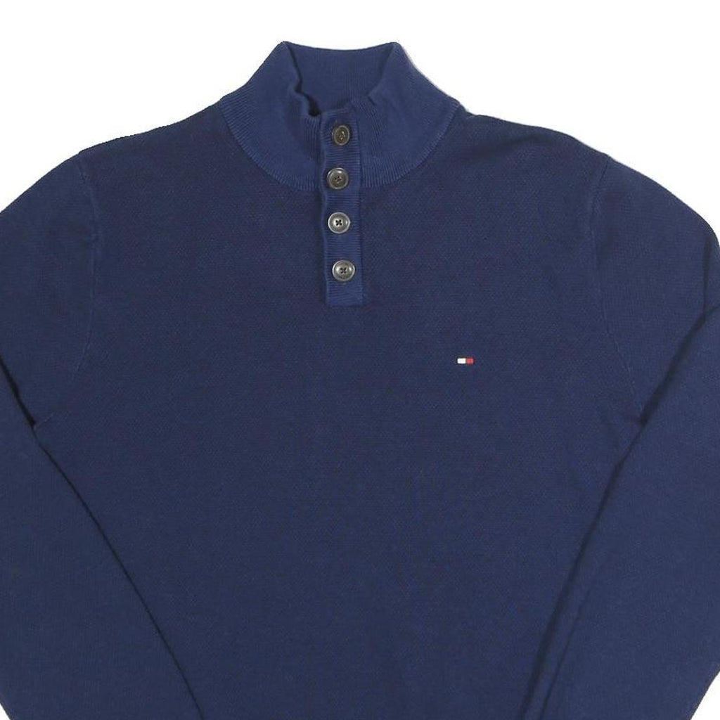 TOMMY HILFIGER Mens Blue Plain Cotton Jumper Crew Neck Regular M Button Up