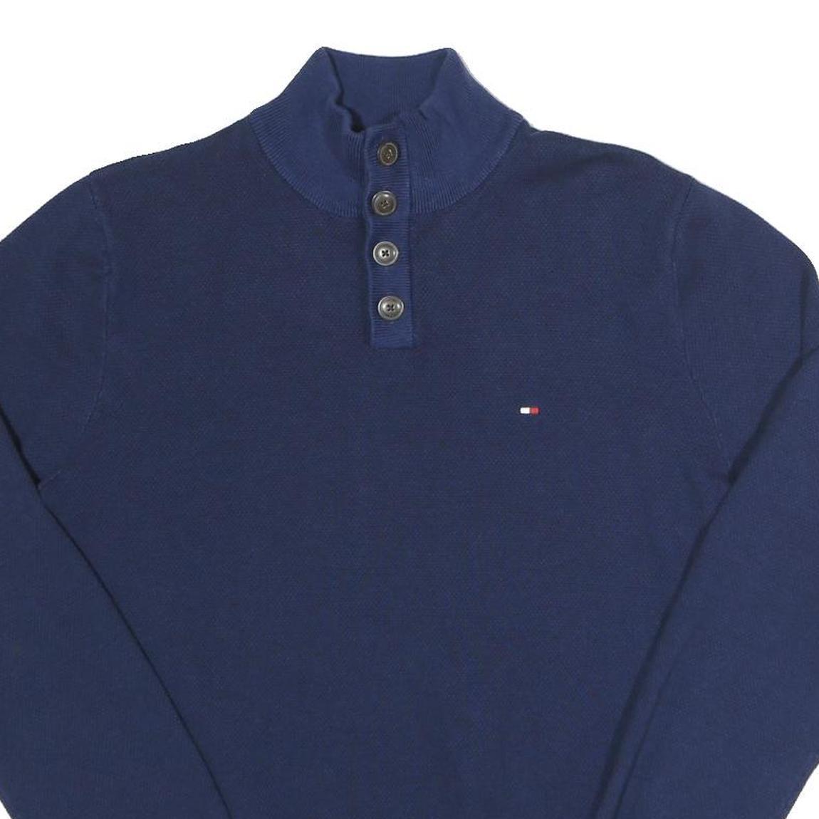 TOMMY HILFIGER Mens Blue Plain Cotton Jumper Crew Neck Regular M Button Up