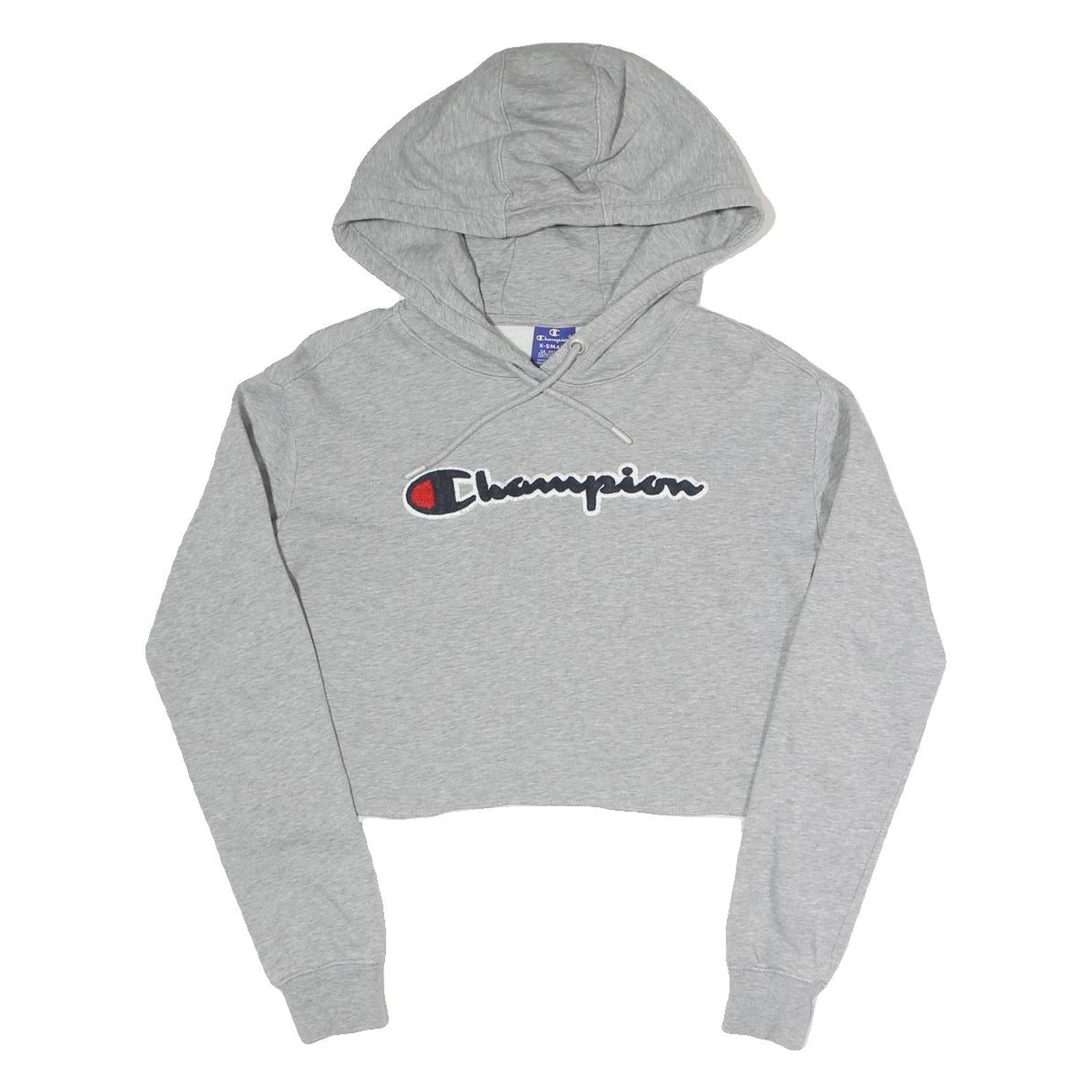 CHAMPION Womens Grey Cropped Hoodie XS Cotton Blend Pullover Casual Sportswear