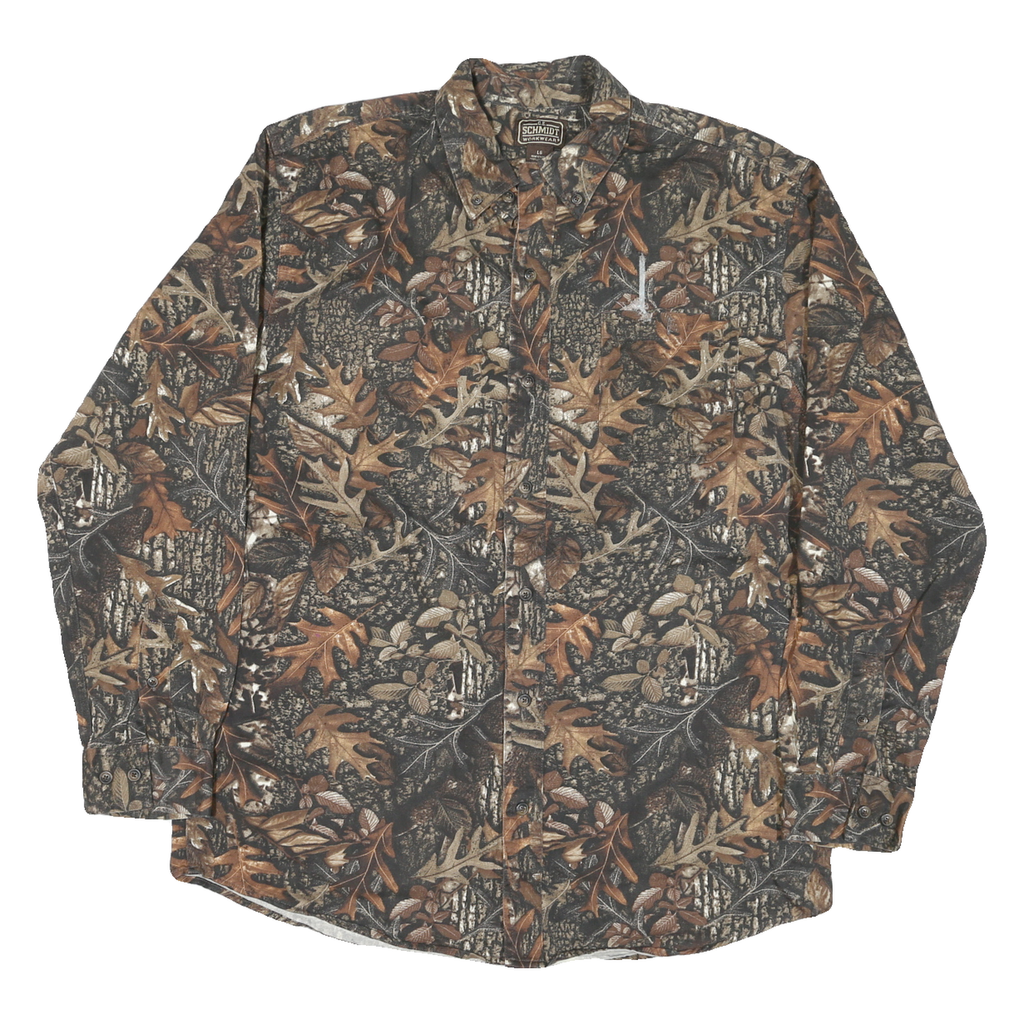 SCHMIDT Mens Brown Camouflage Cotton Blend Shirt L Button-Down Collar Long