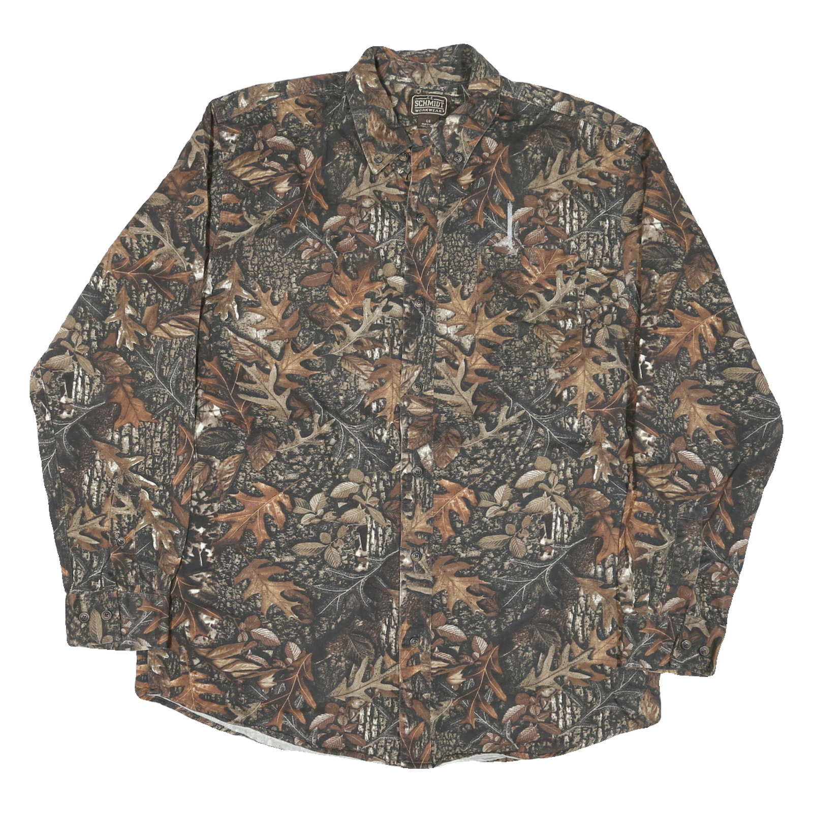 SCHMIDT Mens Brown Camouflage Cotton Blend Shirt L Button-Down Collar Long