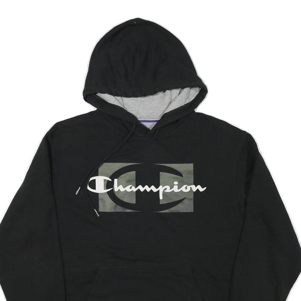 CHAMPION Mens Black Cotton Blend Pullover Hoodie M Camo Logo Sweatshirt