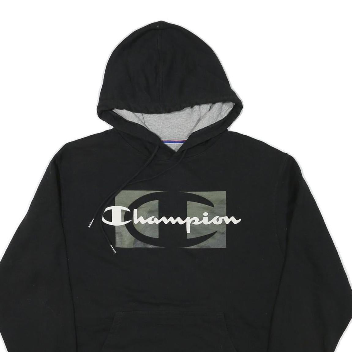 CHAMPION Mens Black Cotton Blend Pullover Hoodie M Camo Logo Sweatshirt
