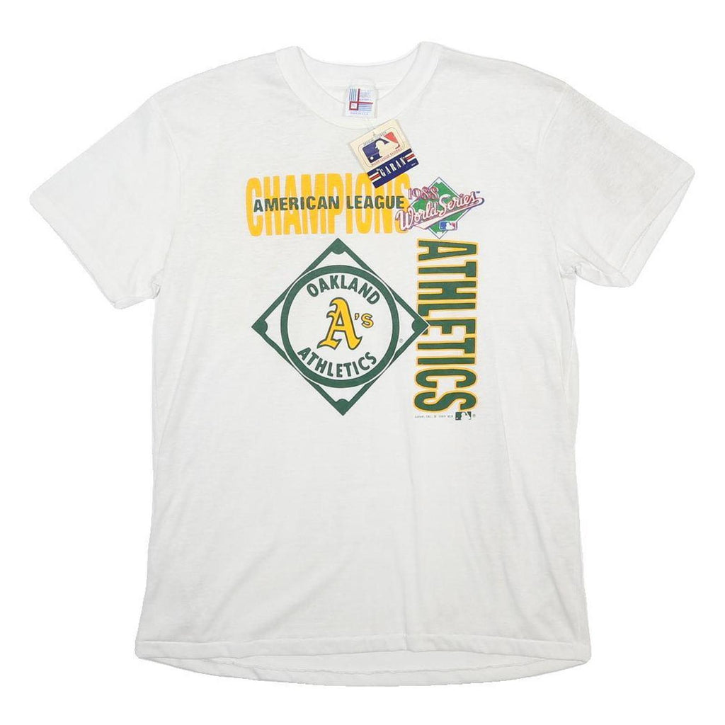 GARAN Mens White 1989 World Series Oakland Athletics Graphic T-Shirt XL Short