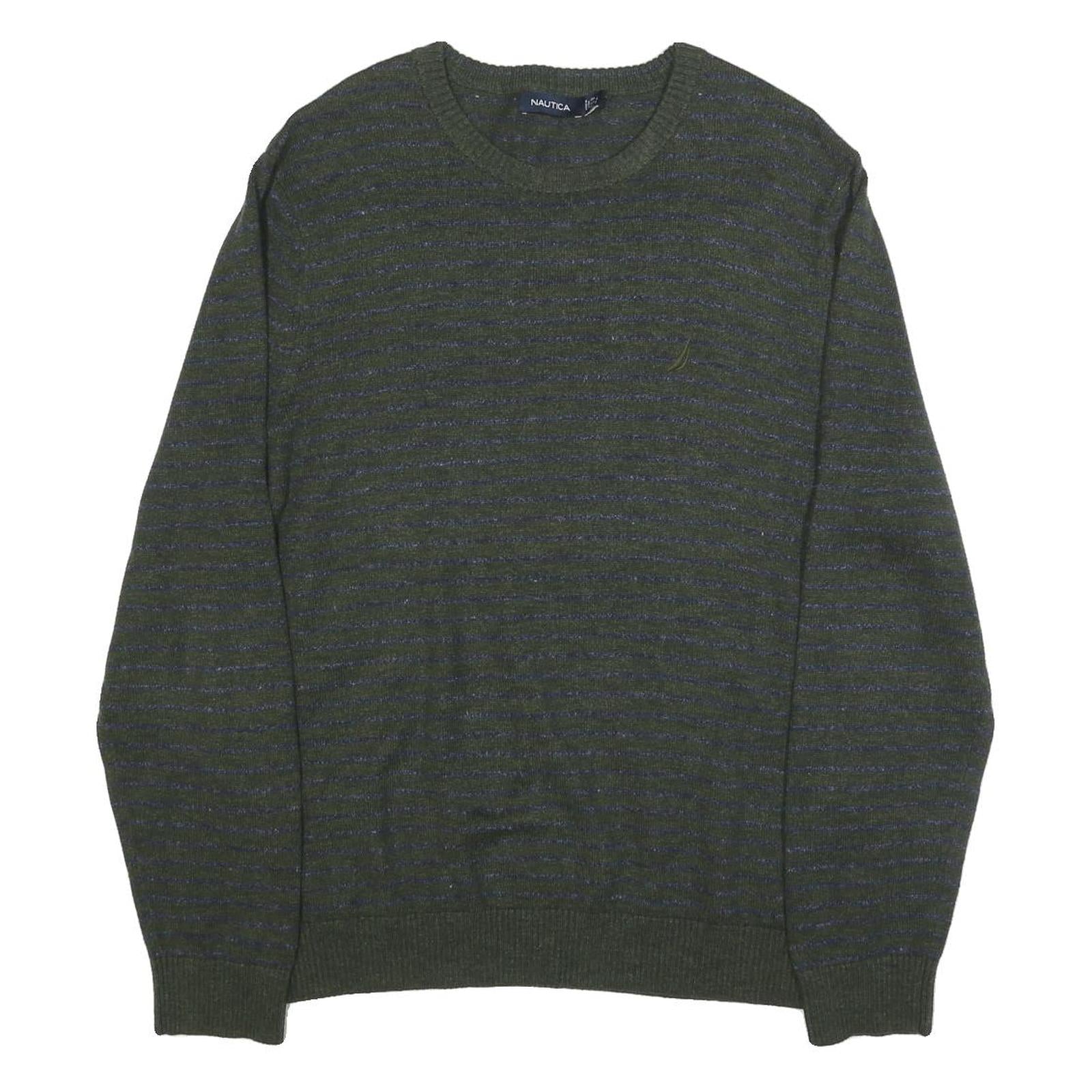 NAUTICA Mens Green & Blue Patterned Pullover Striped Crew Neck Basic Knit L