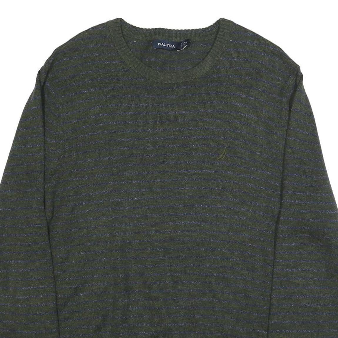 NAUTICA Mens Green & Blue Patterned Pullover Striped Crew Neck Basic Knit L