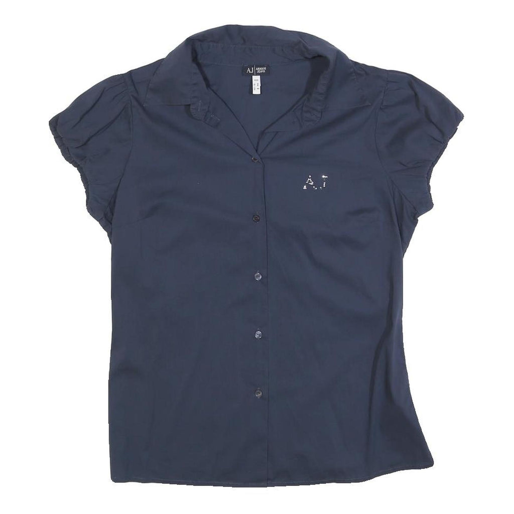 ARMANI JEANS Womens Navy Blue Shirt M Short Sleeve Button Front AJ Studded Logo