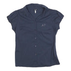 ARMANI JEANS Womens Navy Blue Shirt M Short Sleeve Button Front AJ Studded Logo