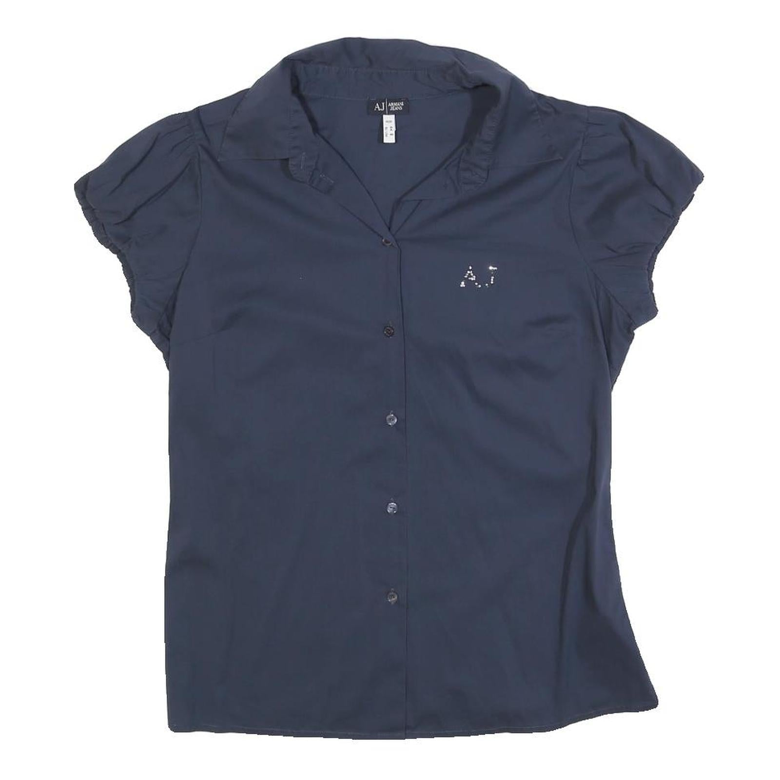 ARMANI JEANS Womens Navy Blue Shirt M Short Sleeve Button Front AJ Studded Logo
