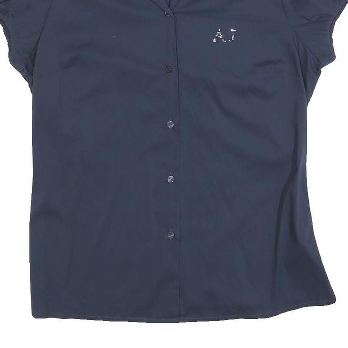 ARMANI JEANS Womens Navy Blue Shirt M Short Sleeve Button Front AJ Studded Logo