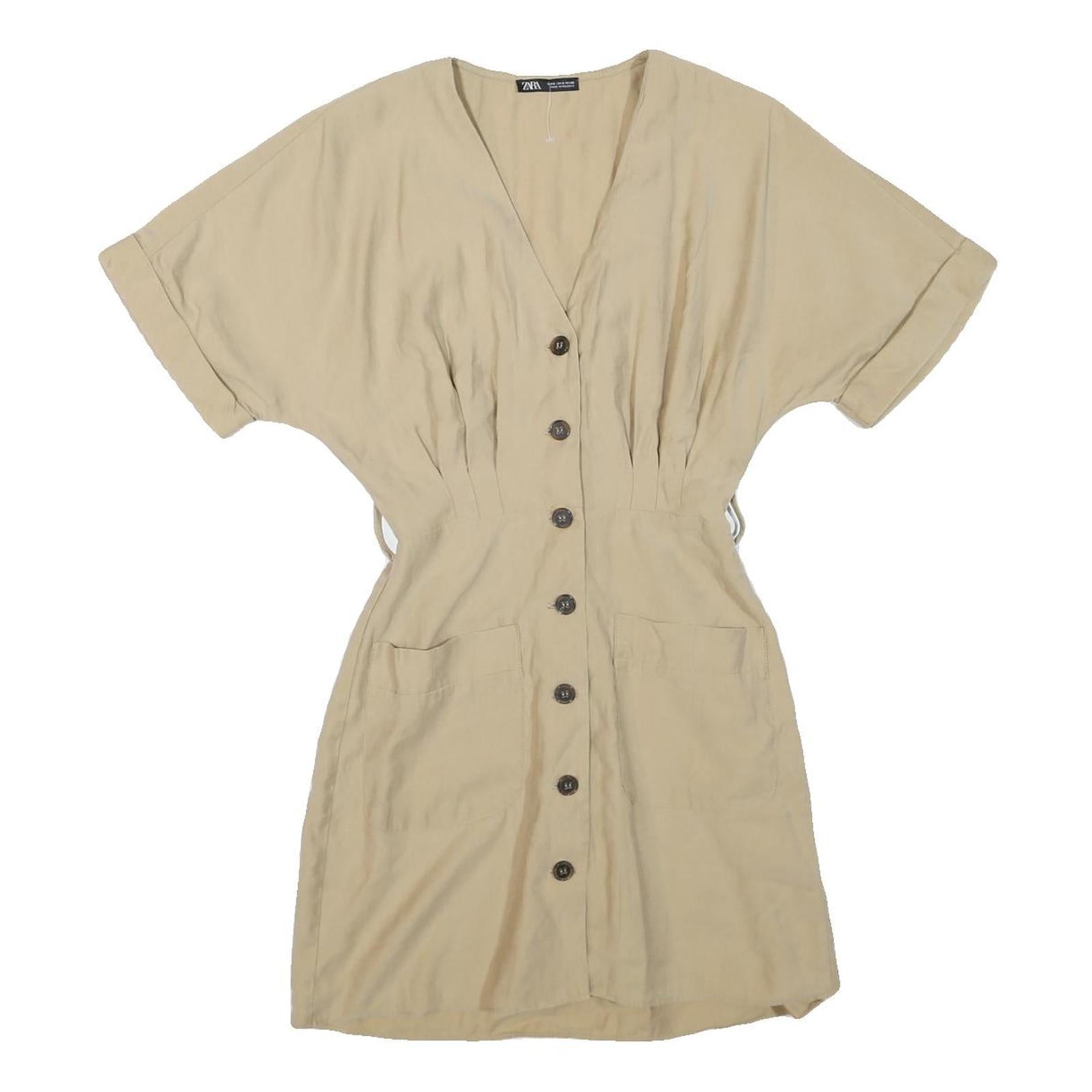 ZARA Womens Beige Cotton Blend Day Dress Button Short Sleeve Size S Comfortable