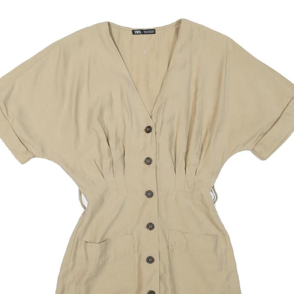 ZARA Womens Beige Cotton Blend Day Dress Button Short Sleeve Size S Comfortable