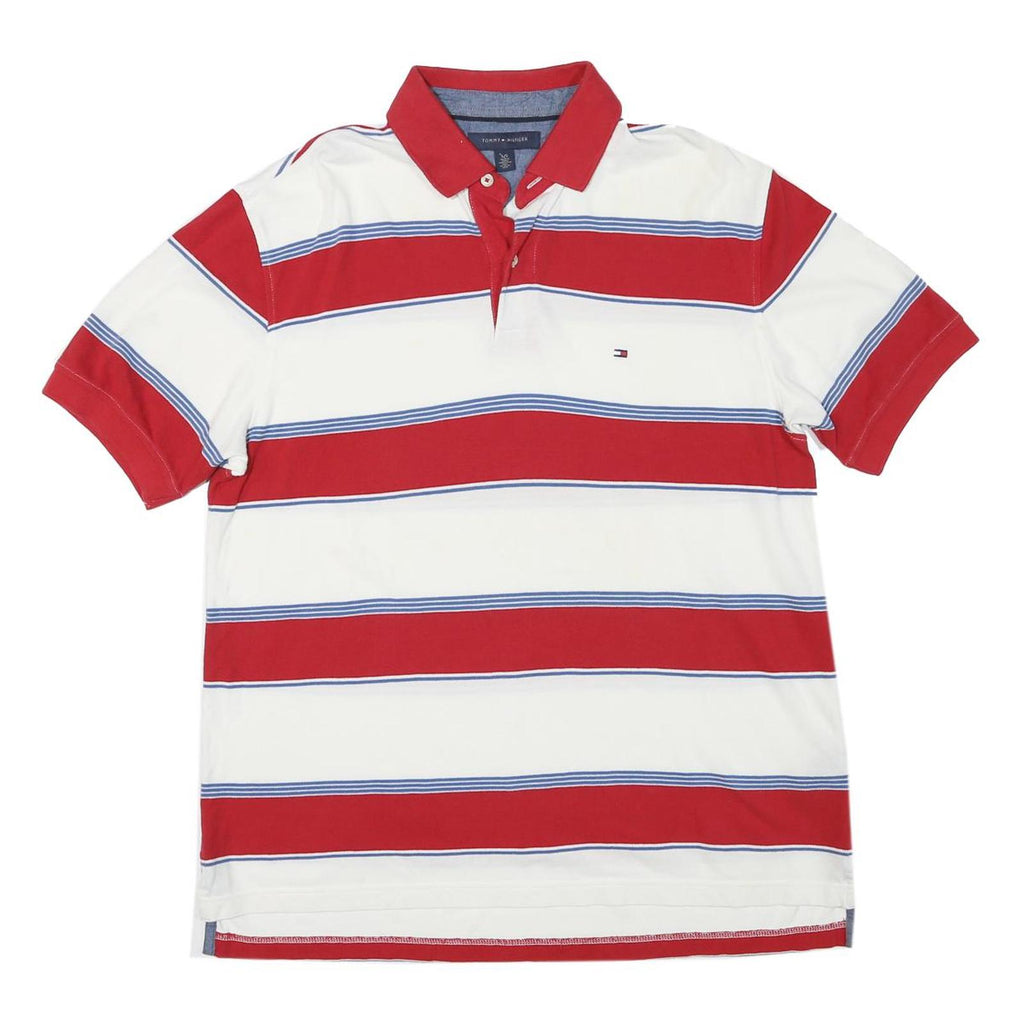 TOMMY HILFIGER Mens Red & White Striped Short Sleeve Polo Shirt L Cotton Blend