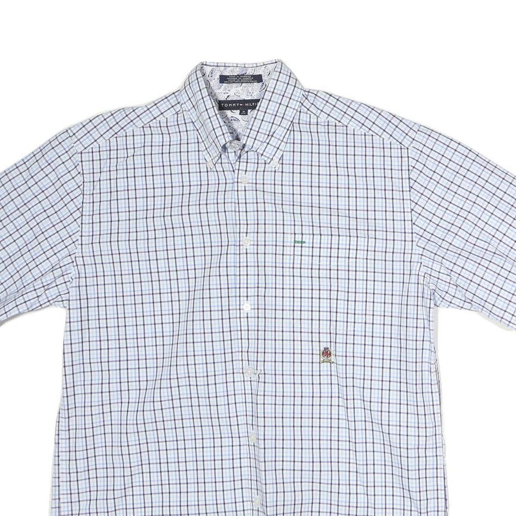 TOMMY HILFIGER Mens Blue & White Checked Shirt M Button-Down Collar Short Sleeve