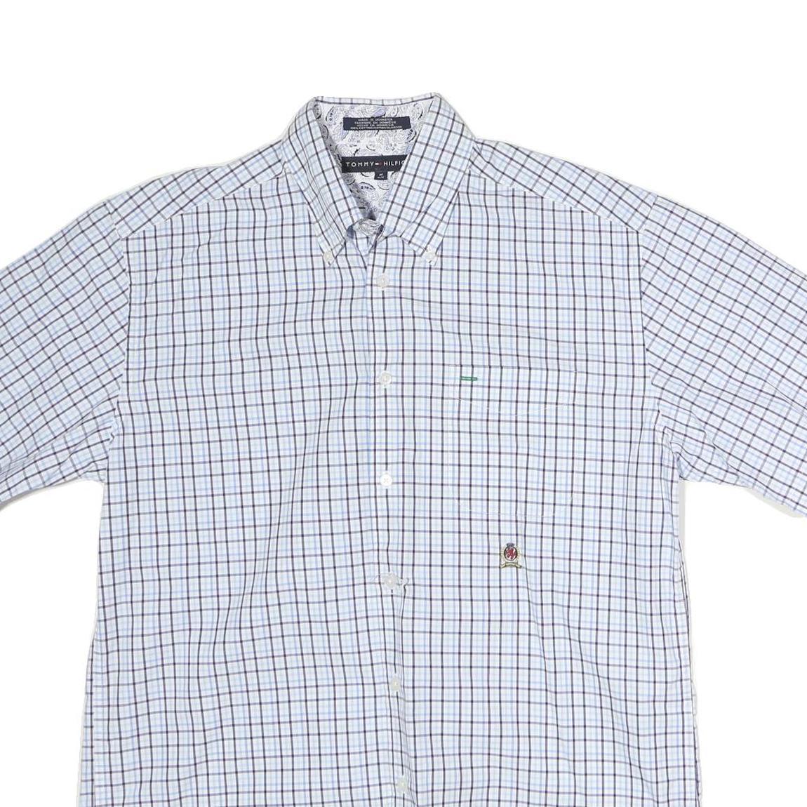 TOMMY HILFIGER Mens Blue & White Checked Shirt M Button-Down Collar Short Sleeve