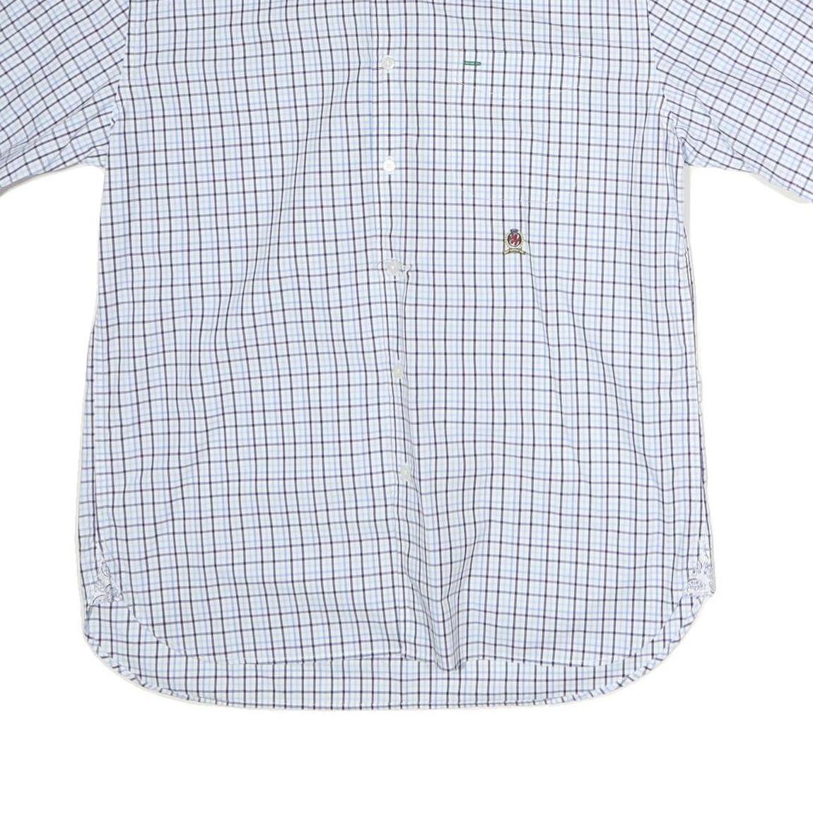 TOMMY HILFIGER Mens Blue & White Checked Shirt M Button-Down Collar Short Sleeve