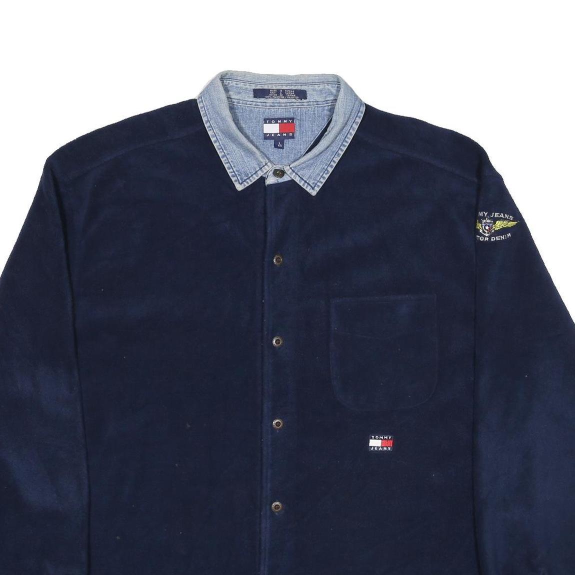 TOMMY JEANS Mens Navy Blue Denim Collar Button Jacket L Polyester Plain Casual