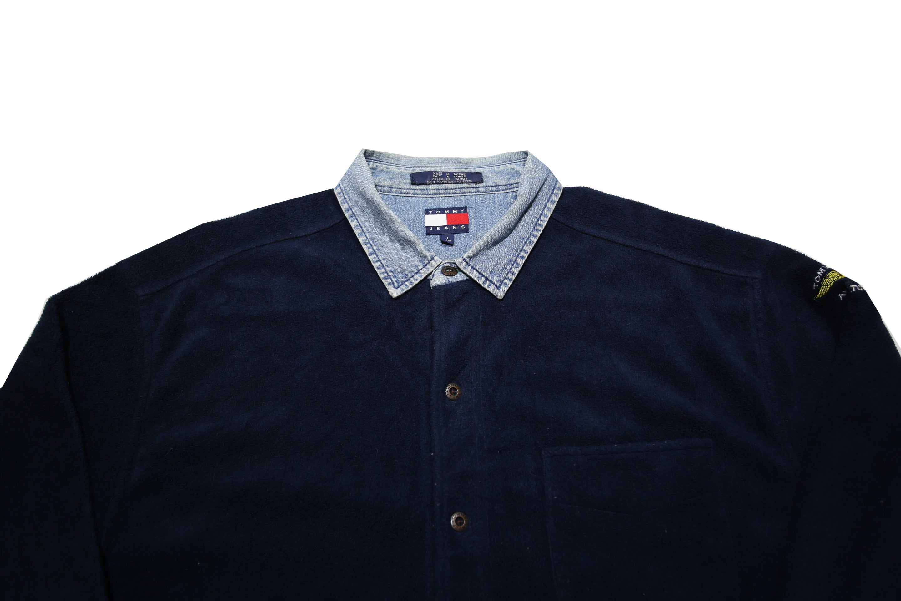 TOMMY JEANS Mens Navy Blue Denim Collar Button Jacket L Polyester Plain Casual