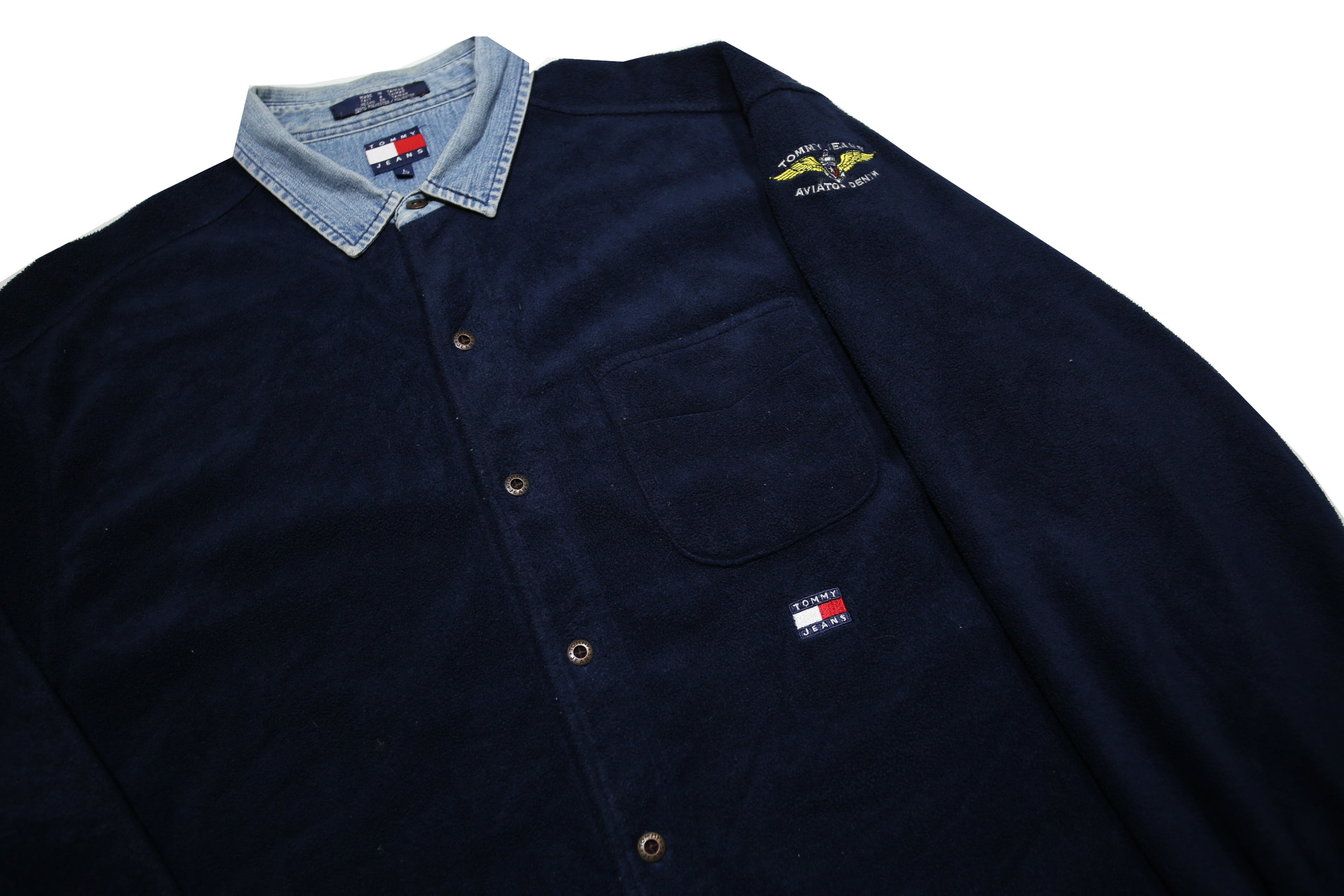 TOMMY JEANS Mens Navy Blue Denim Collar Button Jacket L Polyester Plain Casual