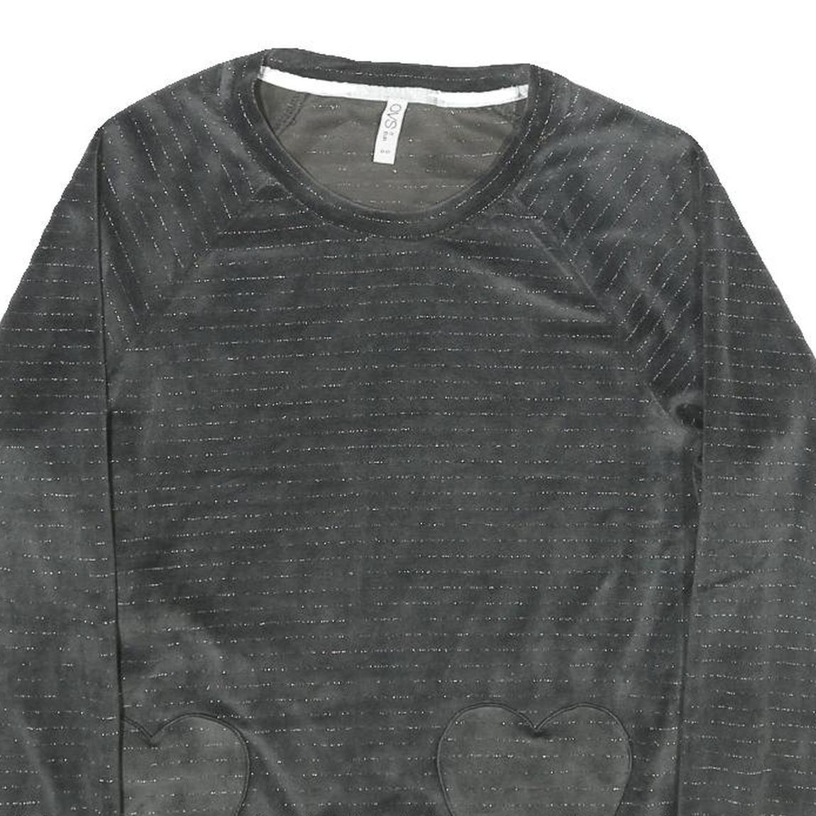OVS Womens Black Velvet Patterned Jumper Round Neck Basic Knit Size S Heart