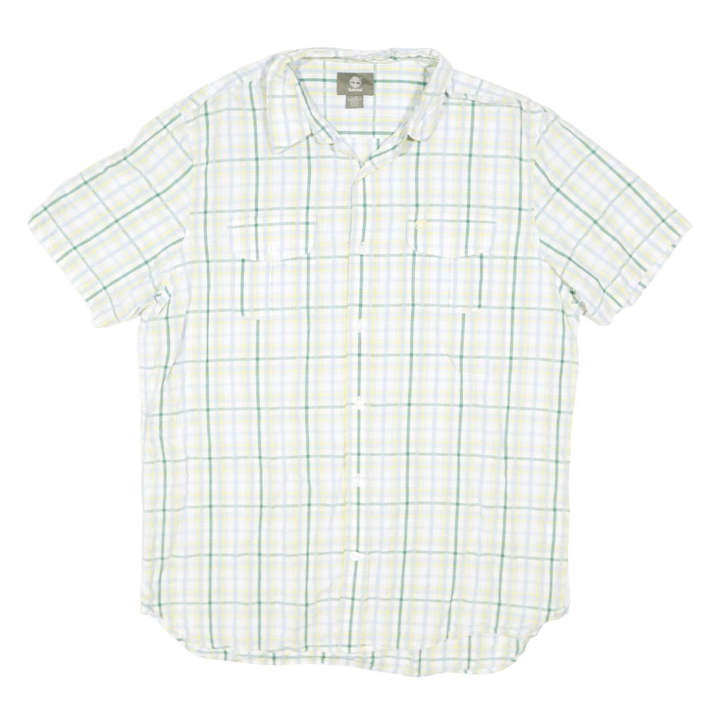 TIMBERLAND Mens White & Green Checked Short Sleeve Shirt L Casual Cotton Blend