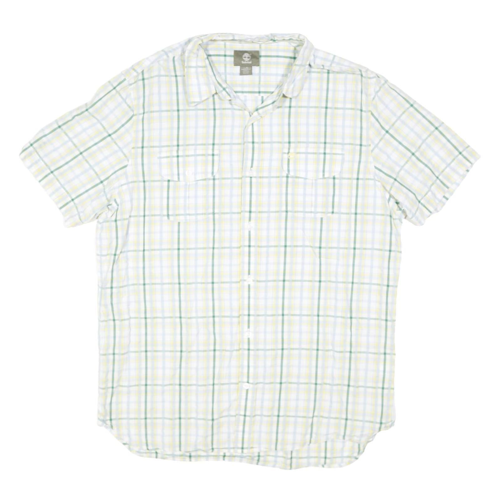 TIMBERLAND Mens White & Green Checked Short Sleeve Shirt L Casual Cotton Blend