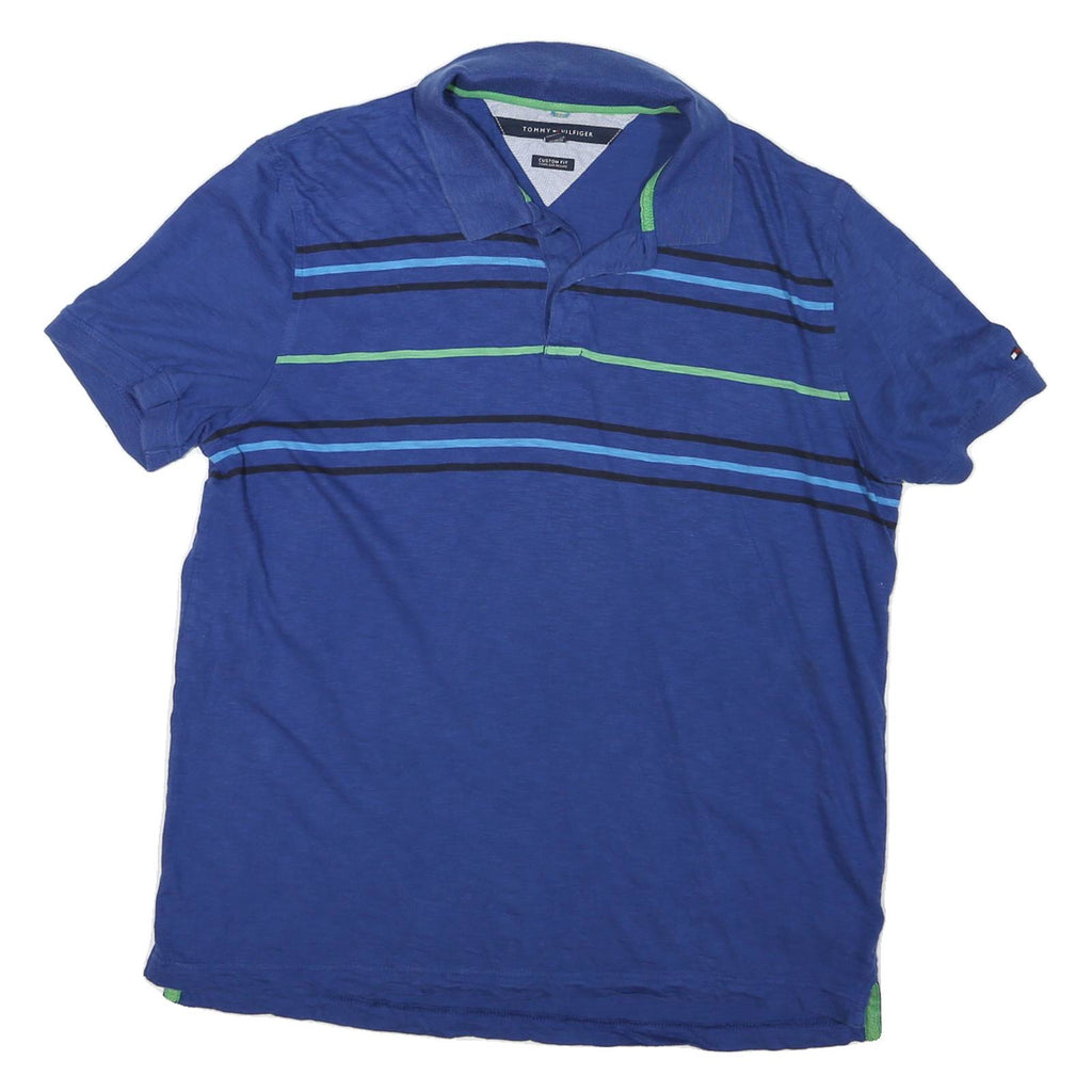TOMMY HILFIGER Mens Blue & Green Striped Short Sleeve Polo Shirt L Cotton Casual