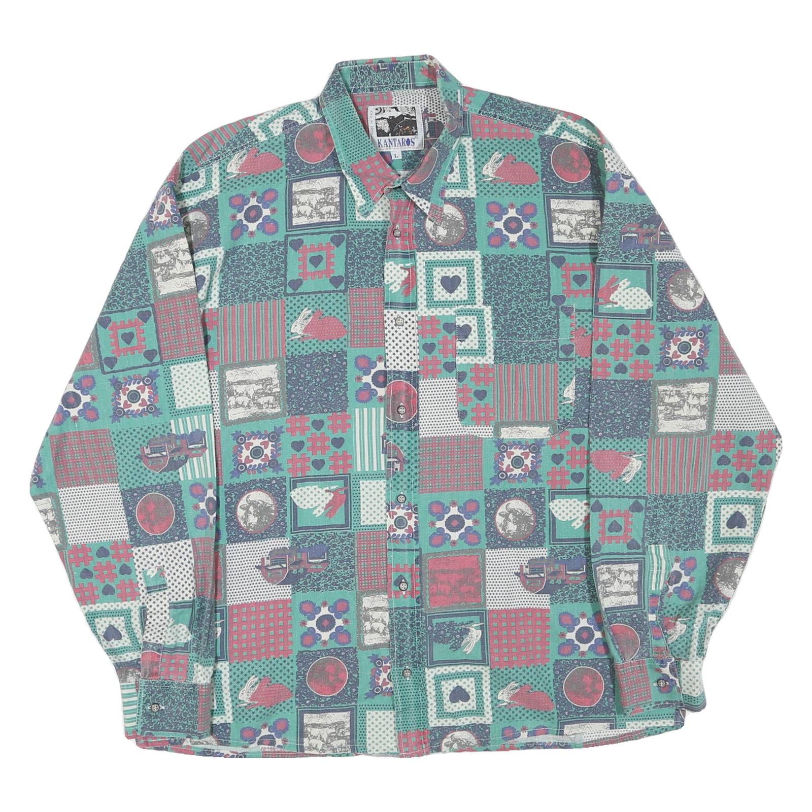 KANTAROS Mens Green & Red Check Pattern Cotton Blend Shirt S Long Sleeve Button